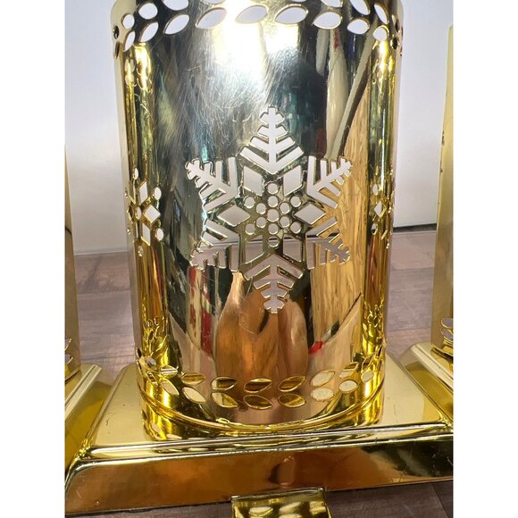 Set Of 3 Gold Metal Snowflake Stocking Holders With Candle Holder Inserts - Picture 3 of 6